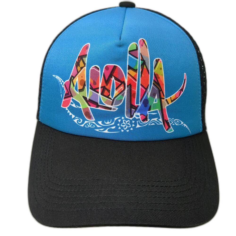HIC Aloha Trucker Hat Blue Black One Size Snapback Multicolor Mesh Foam Surf Cap